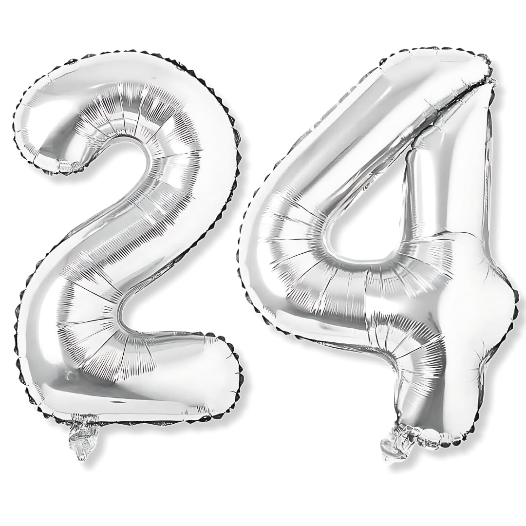 Flyloons 24 number Silver Foil Balloon 16 inch Size Birthday Decoration Items Pack of 2 | 24th Year Balloons | Twenty Four