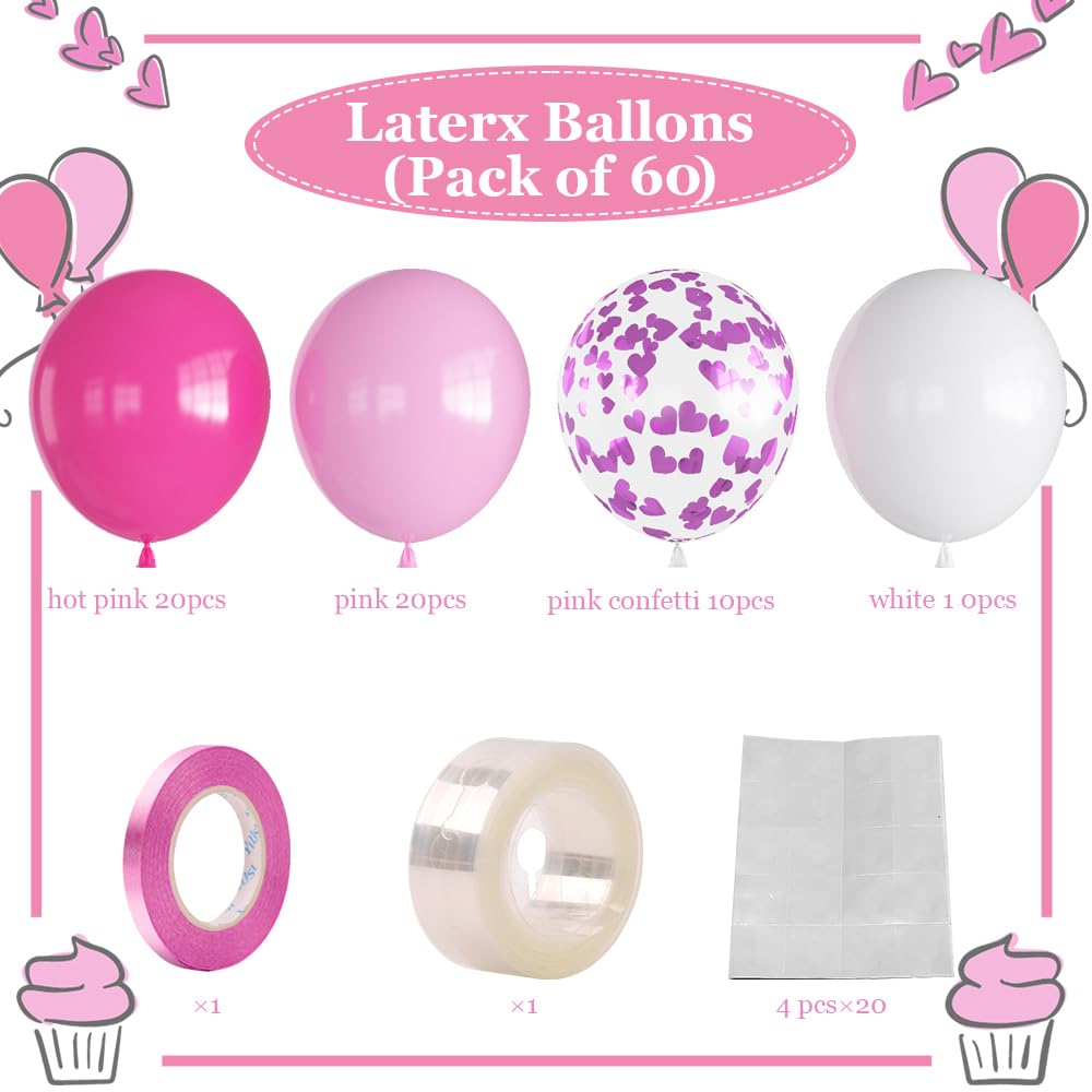Haolongfa Pink Balloons,60Pcs Pink White Balloons Magenta Confetti White Balloon For Girls Theme Birthday Baby Shower Bridal Sho