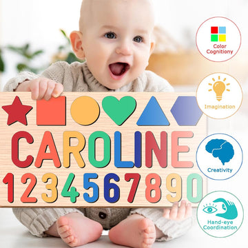 Name Puzzle For Kids Personalized, Custom Wooden Number Puzzles For Toddlers 1-3 With Shape, Personalized Baby Gifts Educational