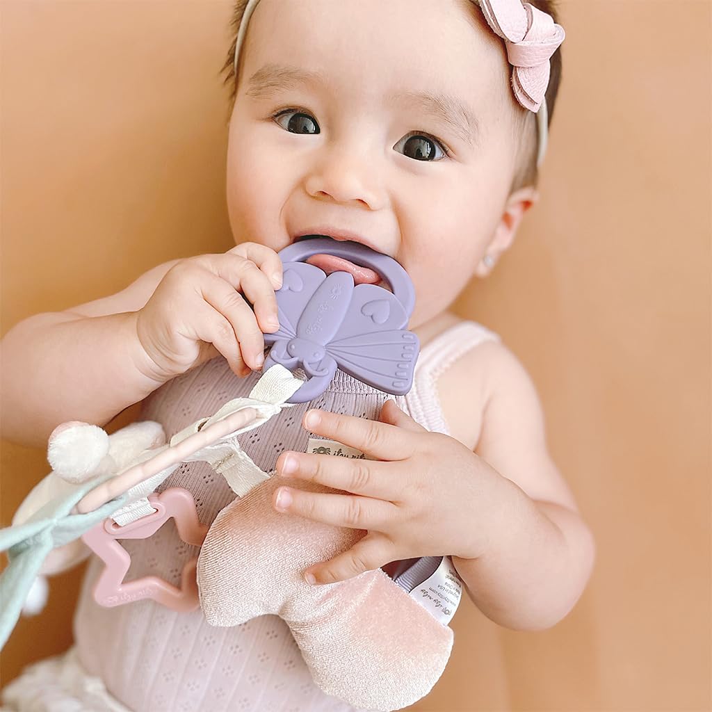 Itzy Ritzy Teething Activity Toy - Bitzy Busy Ring, Cotton Bunny Teether with Ribbons, Crinkle Sound & Jingle Bell, Model RNG8497