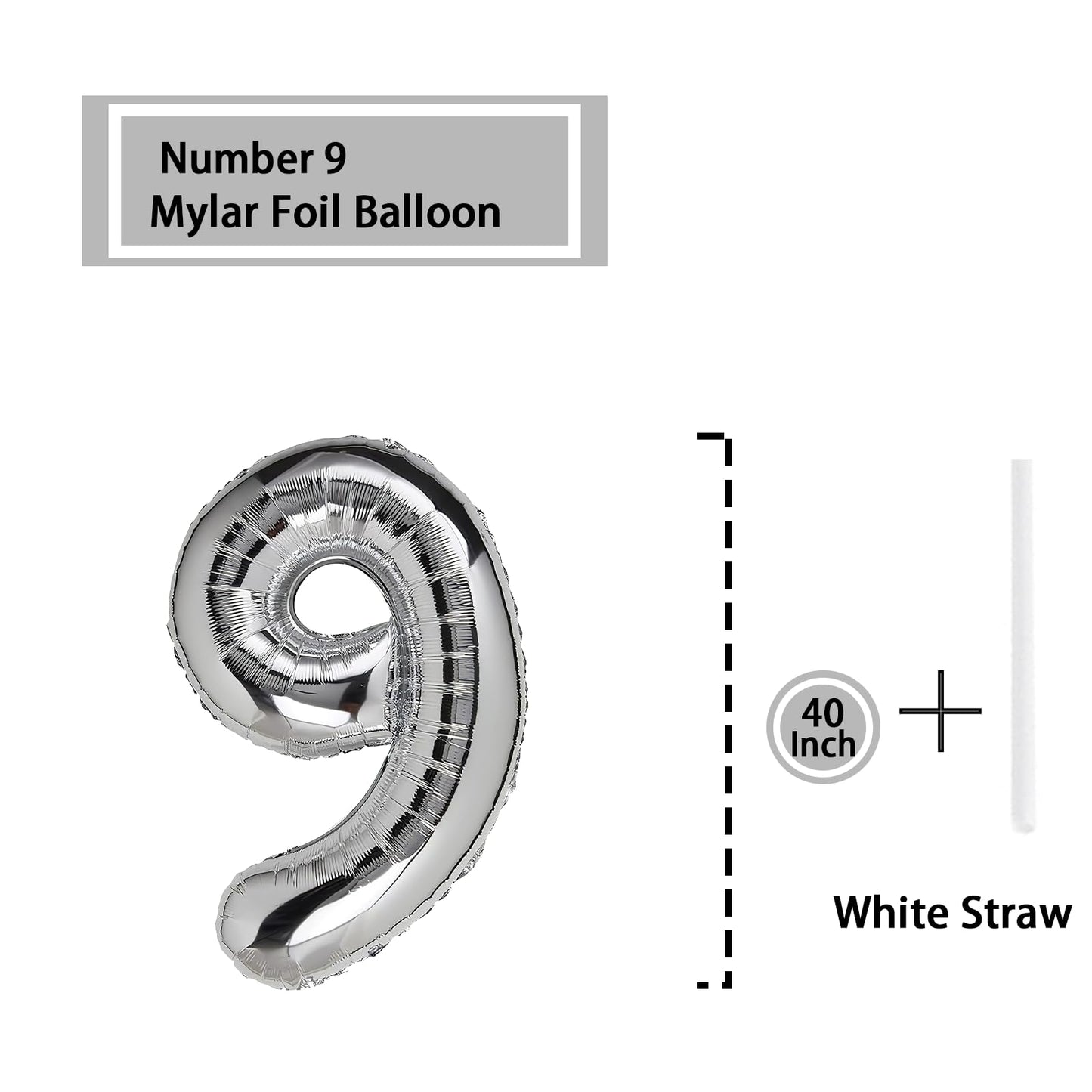 9 Number Balloon Silver 40 Inch Big Foil Mylar 9Th Balloons For 9 Year Old Boy Girl Birthday Party Decorations Wedding Anniversa