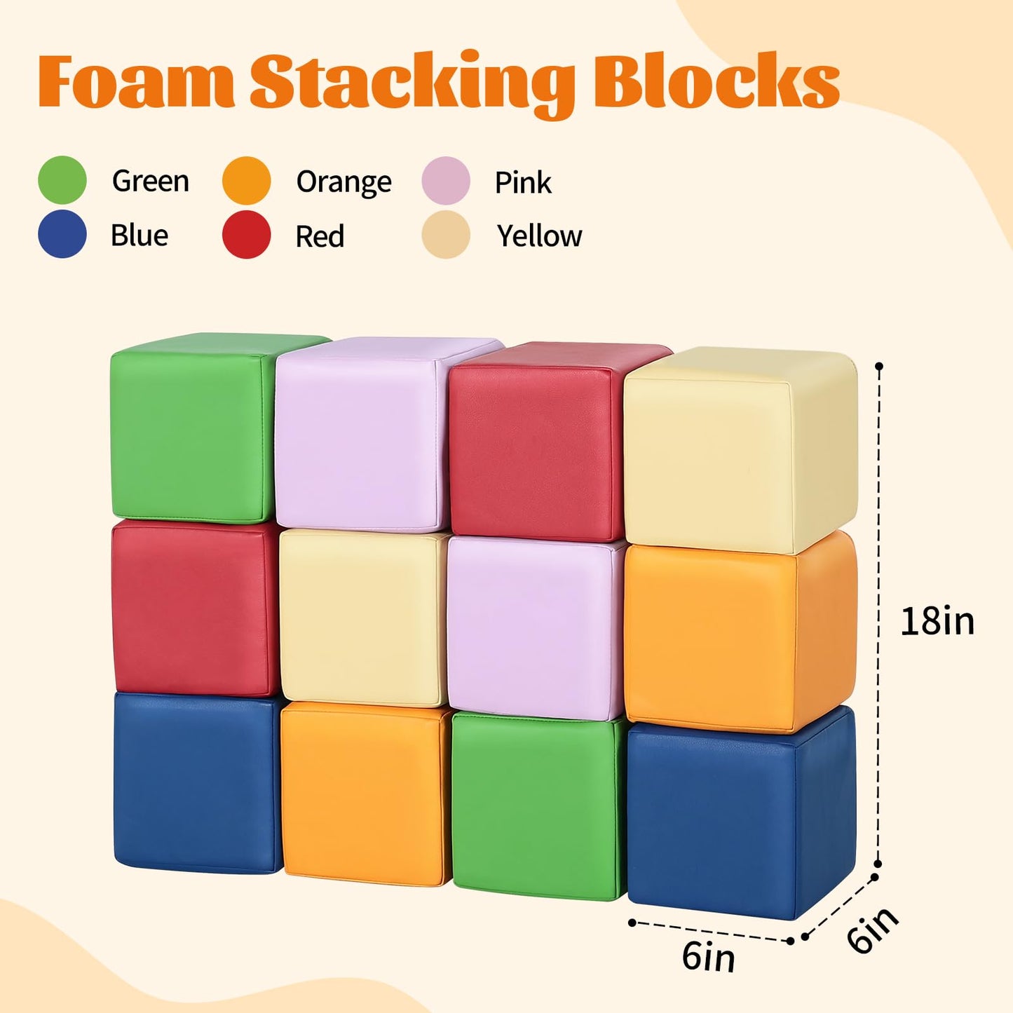 TODIBY Foam Building Blocks for Toddlers:12-Pieces Wipeable Leather Stacking Cubes Kids - Large Soft Toys Play Set for Learning Construction Baby Preschool Daycare Therapy Birthday Gift (Rainbow)