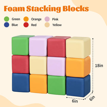 TODIBY Foam Building Blocks for Toddlers:12-Pieces Wipeable Leather Stacking Cubes Kids - Large Soft Toys Play Set for Learning Construction Baby Preschool Daycare Therapy Birthday Gift (Rainbow)