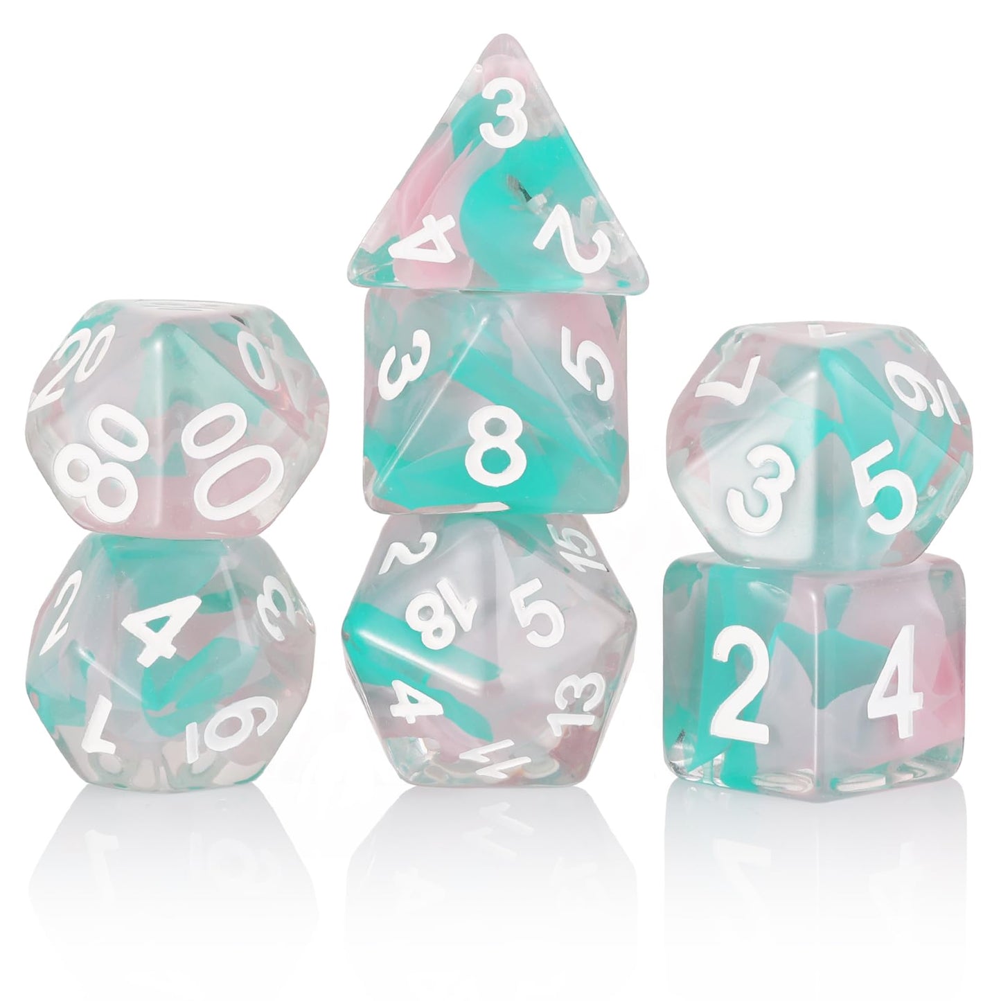 Resin DND Dice Set,Pink Cyan Flower Transparent D&D Dice Filled with Glass Bead Flake Polyhedral Dice for Dungeons and Dragons D