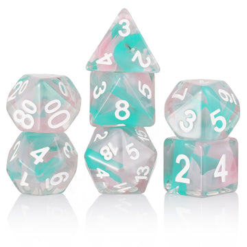 Resin DND Dice Set,Pink Cyan Flower Transparent D&D Dice Filled with Glass Bead Flake Polyhedral Dice for Dungeons and Dragons D