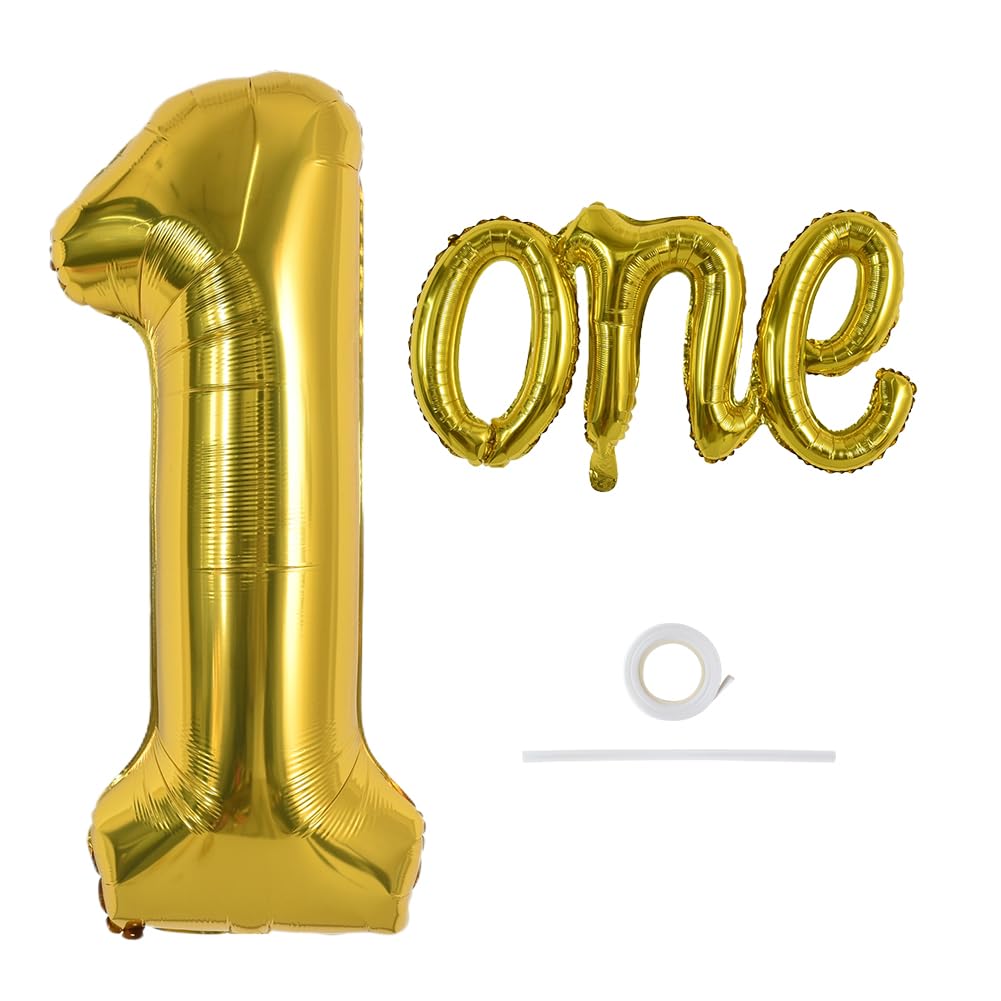TONIFUL 40 Inch Giant Gold Number 1 Balloon,Mylar Foil Script Cursive Letter 1 Balloon Banner for Boys Girls Kids First Birthday