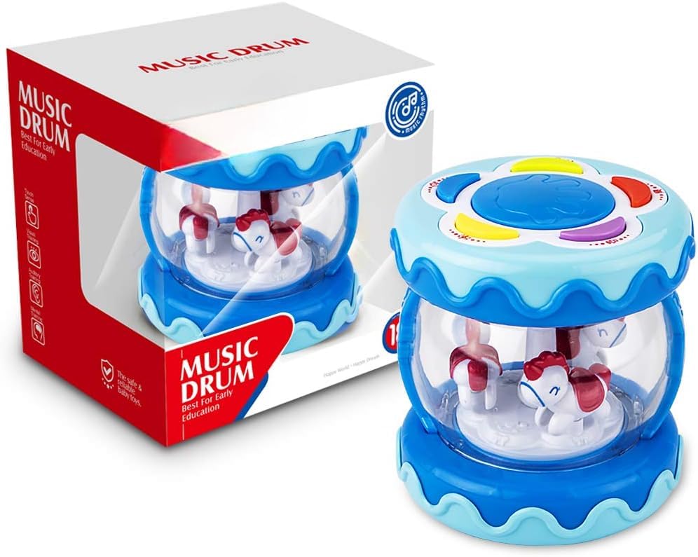 Ninos Worlds Musical Drum Toy For Toddlers With Lights & Sound, Touch Percussion Buttons, Rotating Carousel, Early Learning Educ