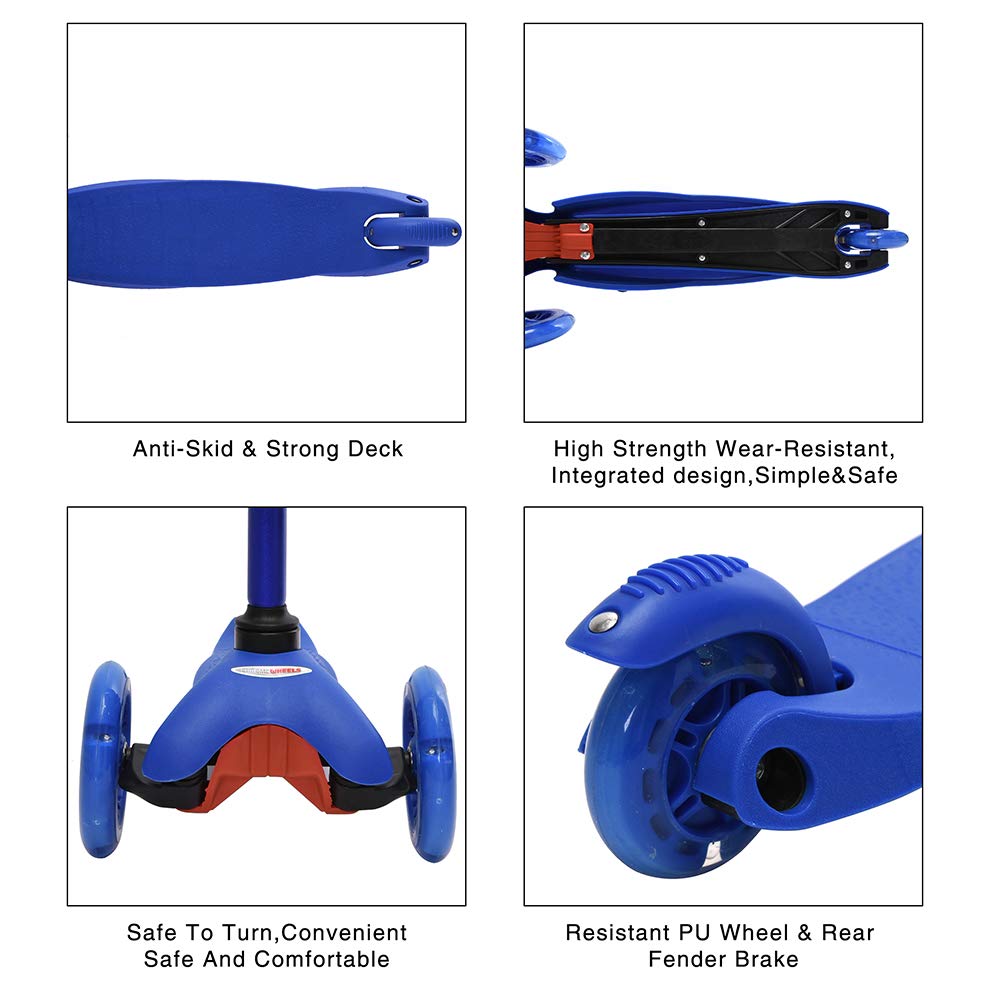 Chromewheels Scooter For Kids, Deluxe 3 Wheel Scooter For Toddlers 4 Adjustable Height Glider With Kick Scooters, Lean To Steer With Led Flashing Light For Ages 3-6 Girls Boys (Blue)