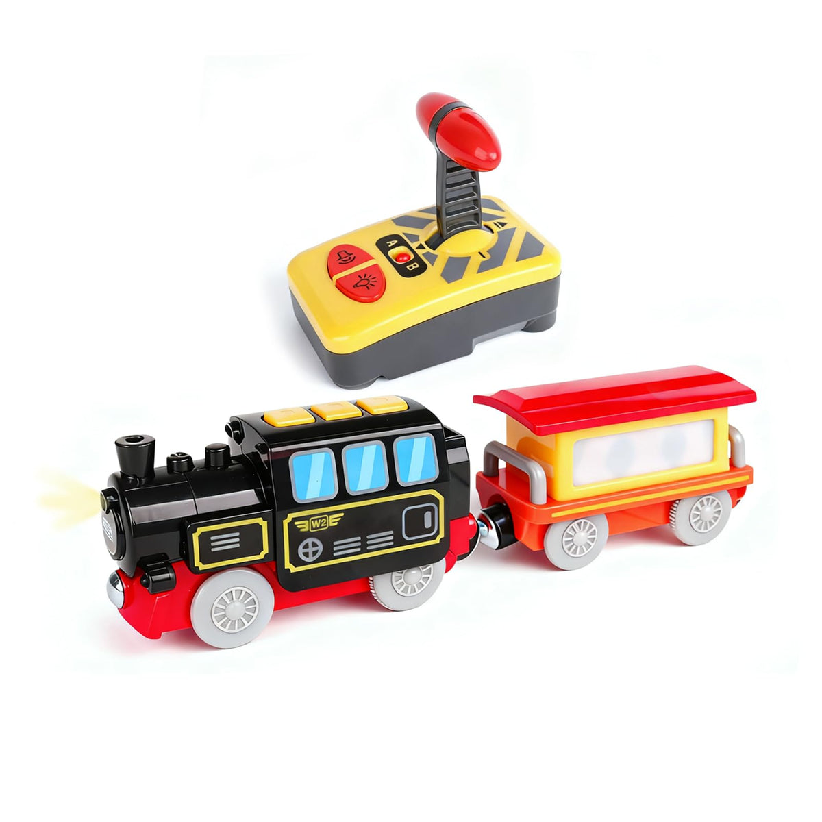 Battery Operated Locomotive Train Set for Wooden Tracks,Electric Remote Control Car with Light&Sounds, Railway Powered Train Acc