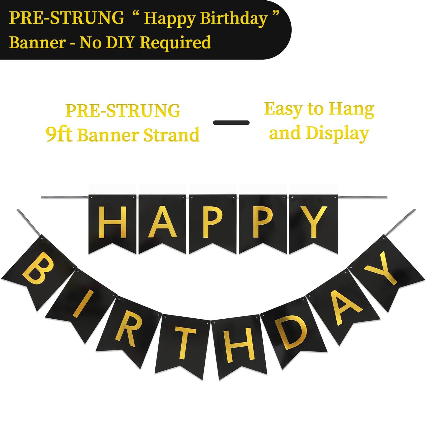 Litaus, Black Gold Happy Birthday Banner - Pre-Strung, 9 Ft, No Diy | Birthday Decorations | Happy Birthday Sign For Birthday De
