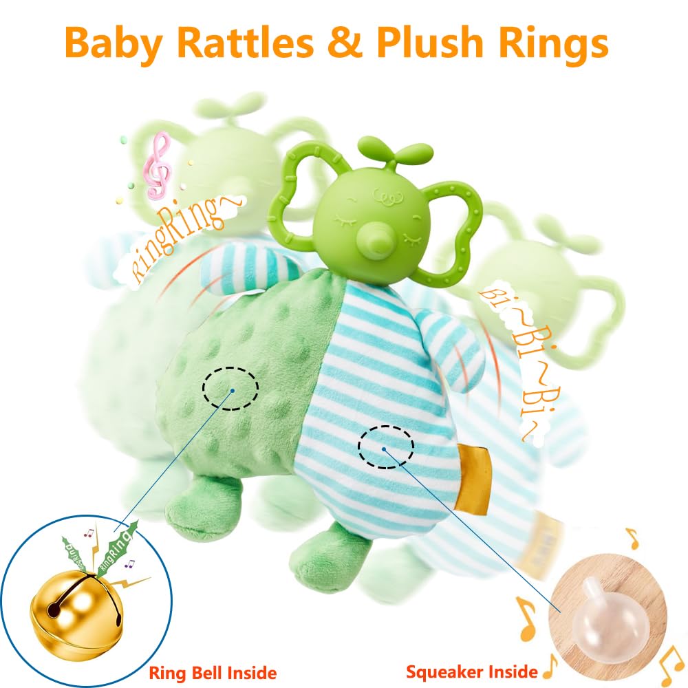2 In 1 Baby Rattles & Plush Rings, Newborn Teething Toys For 0-3-6-12 Months,Infant Chew Toys,Baby Montessori Toy Plush Animal G