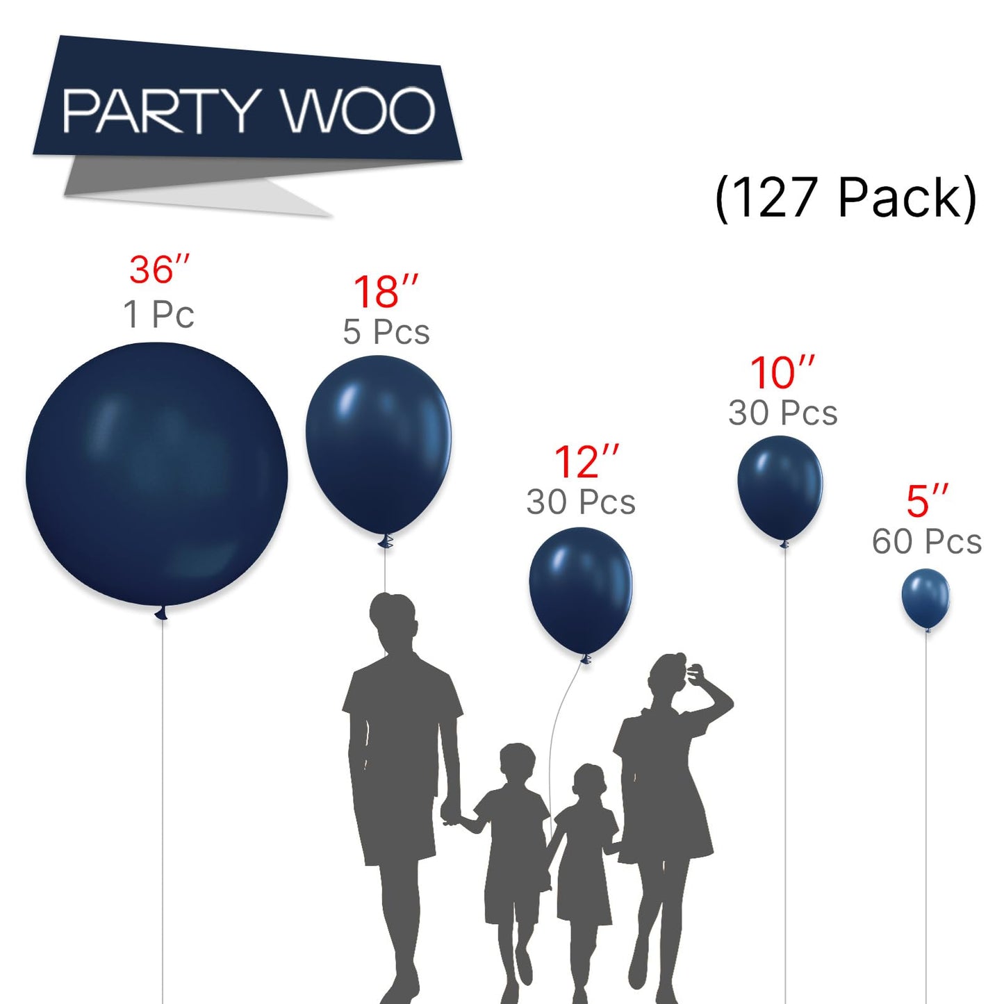 PartyWoo Balloons Pack - 127 pcs in Blue, 36" to 5" Sizes, Rubber Material for Balloon Garland/Arch Decorations