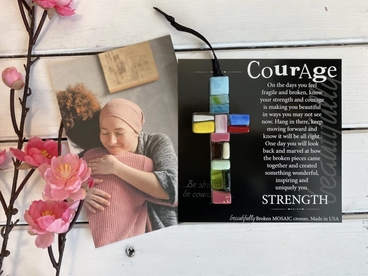 Handmade in USA Glass Cross With Courage Message - Get Well Soon Gift for Cancer Patients/Encouragement Gift for Hard Times/Misc