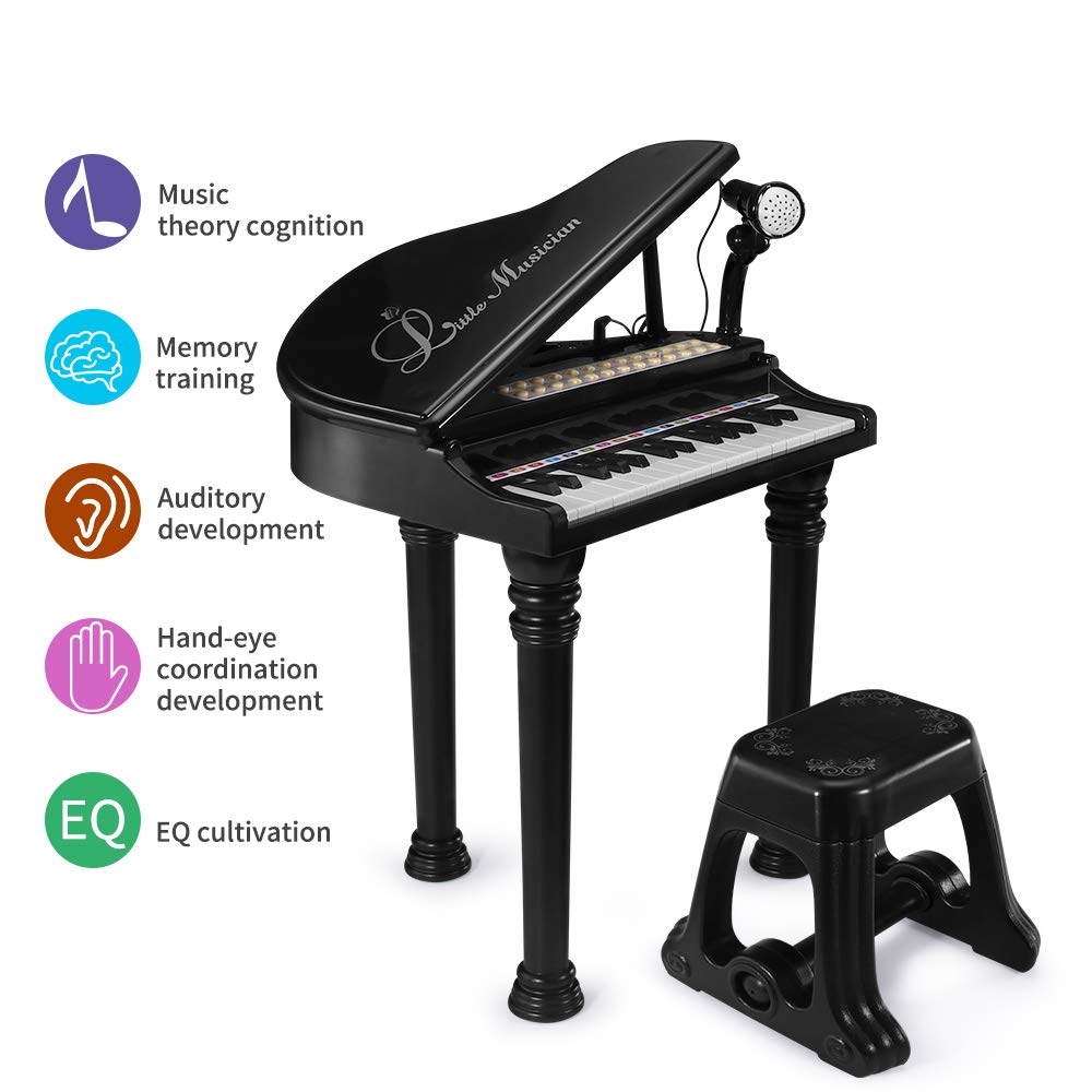 Love&Mini Piano Keyboard Toys For Kids - 31 Keys Toddlers Piano Toys With Microphone And Stool, Black Piano For Kids Age 3+ Year Old Girls Boys Birthday Gifts