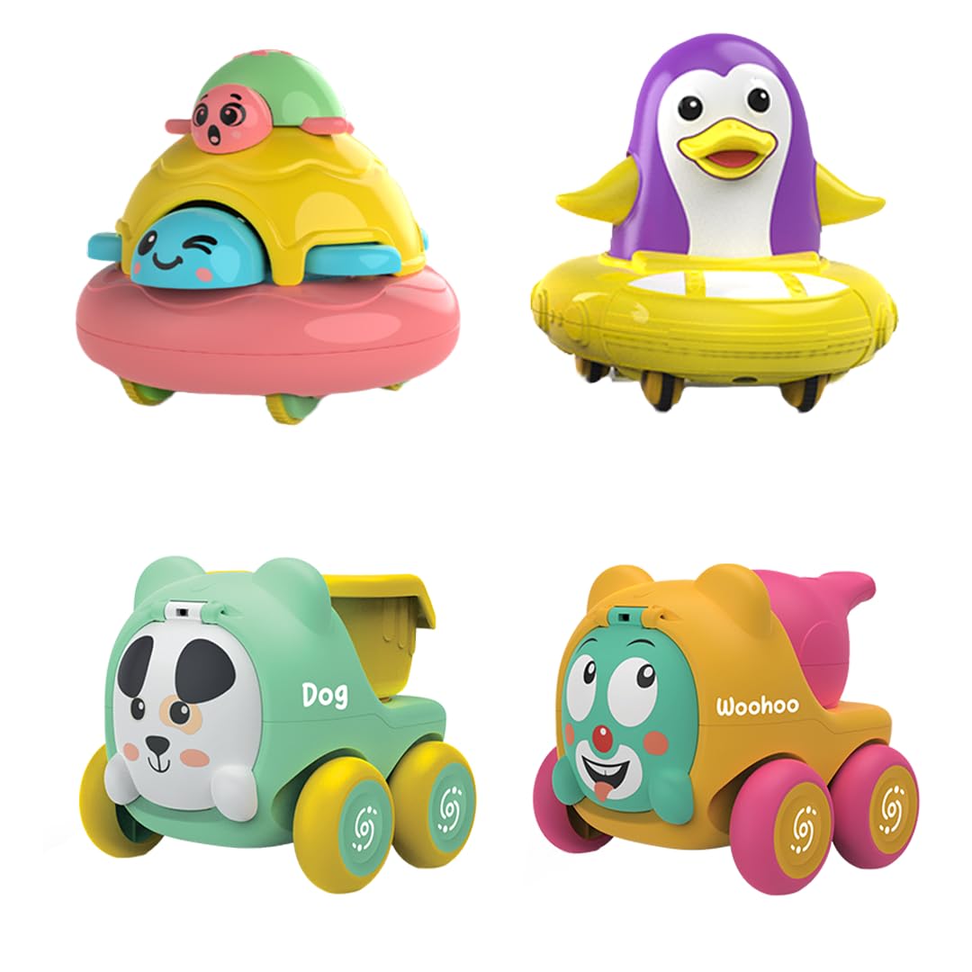 Innovitoy Friction Powered Toy Vehicles Pack Of 4 For Kids With Topsy Turtle, Penguin, Carnival Car With Whistle & Farm Truck De