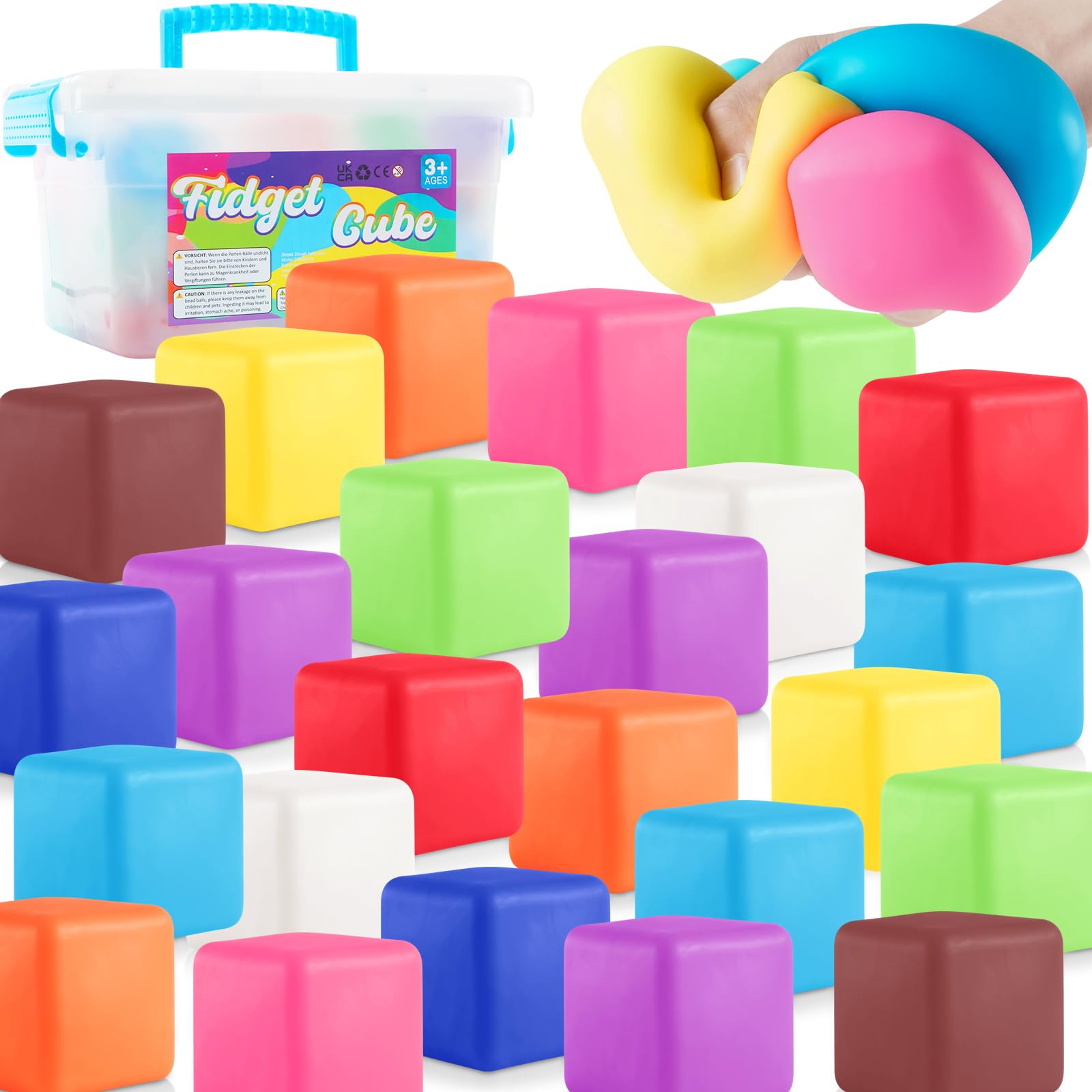 Stress Balls Fidget Toys for Kids: 24 Pack Squishy Squeeze Balls, Stretchy Toys for Anxiety Relief, Square Shape Hand Therapy Se
