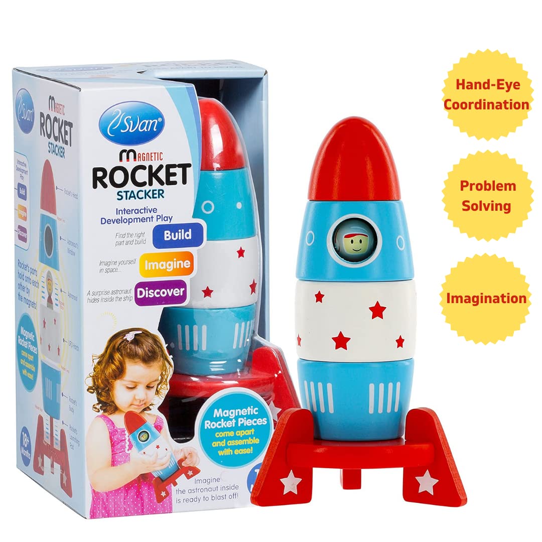 Wooden Stacker Toy Space Rocket - 6 Magnetic Stacking Pieces - Magnet Building Set with Surprise Astronaut Inside, Fun Hands On