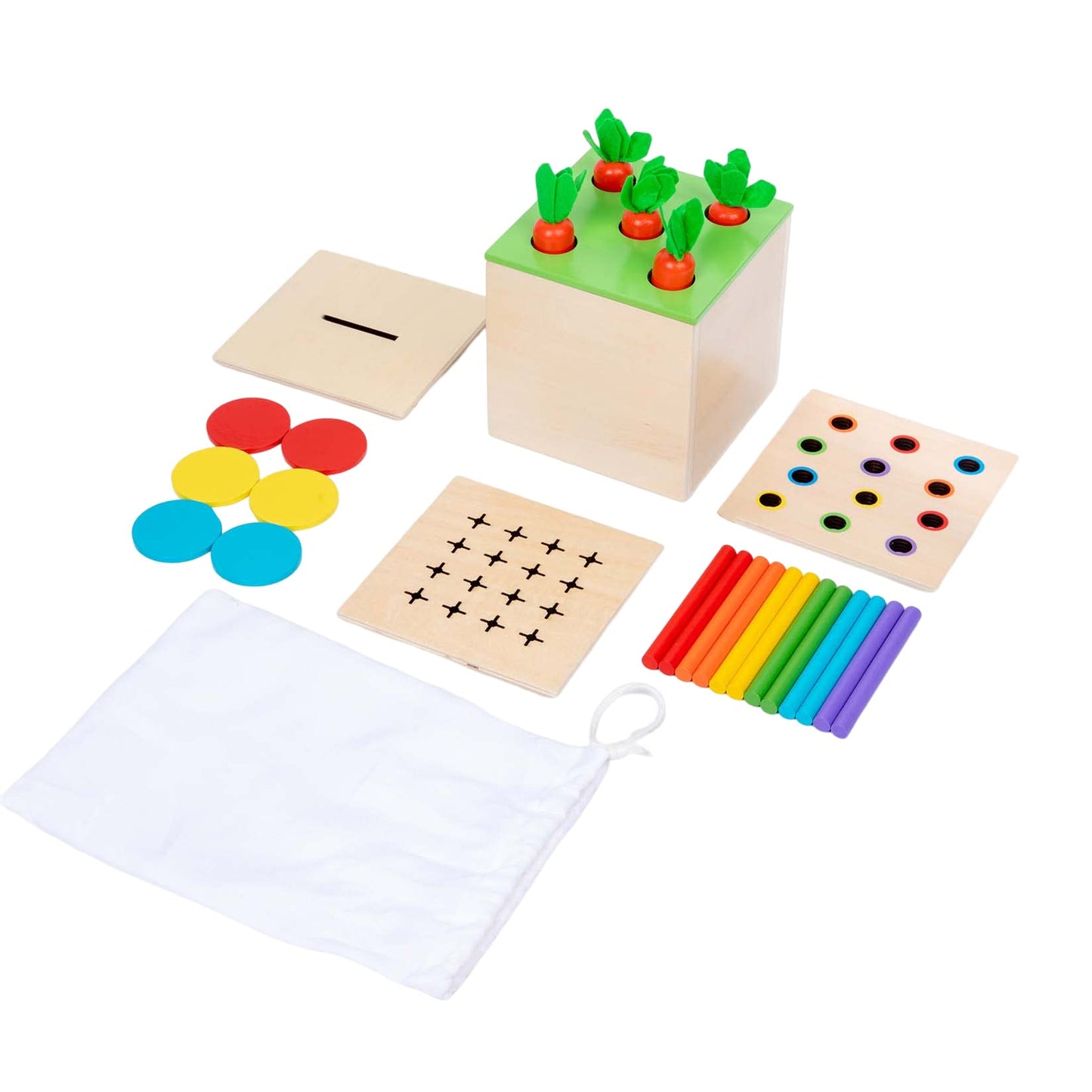 4 in 1 Montessori Play Kit Box - Cotton Swab Board  Coin Box  Carrot Harvest Game  Matchstick Color Drop Game Montessori Toys for Babies 6-12 Months  1 Year  2 Year
