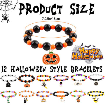 DULEFUN 12pcs Halloween Bracelets for Kids, Halloween Party Favors Bead Bracelets and Charms Set Trick or Treat for Boys Girls H