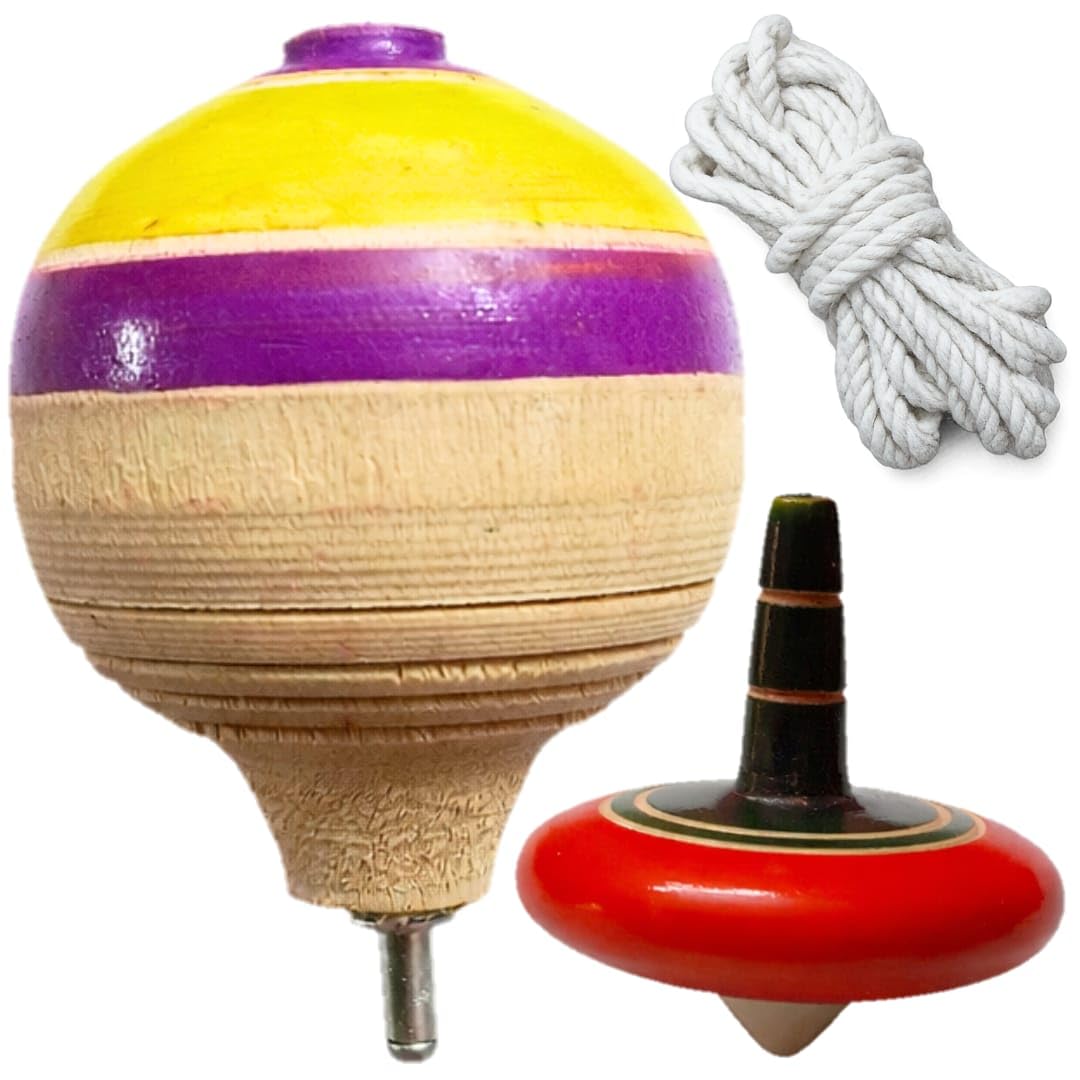 Rithvedhi Wooden Spinning Top Toy Set for Kids 3+ | Pack of 2 Traditional Buguri/Bambaram/Bongaram with Rope | Handcrafted Natur