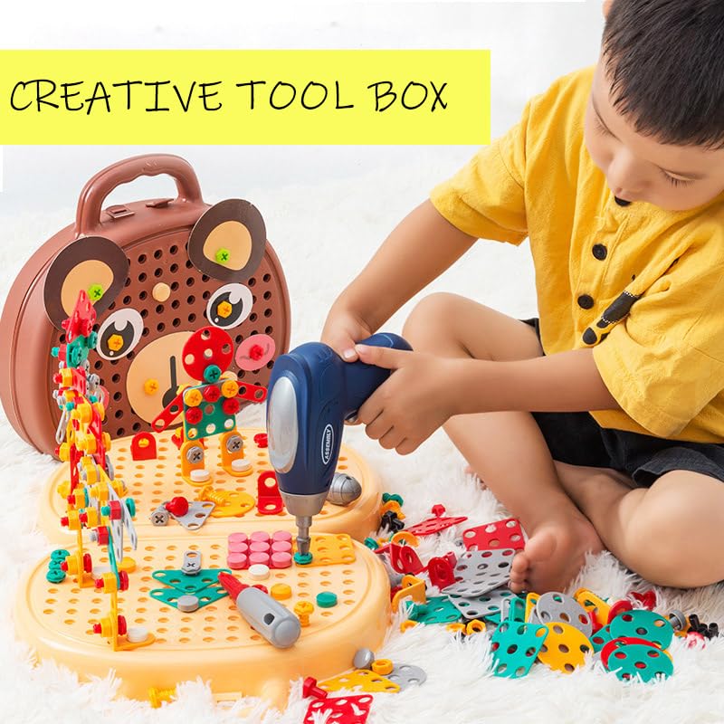 OFIGAS Magic Montessori Play Toolbox, Magic Montessori Play Toolbox Bear, 204 PCS Creative Mosaic Puzzle Toy with Electric Drill