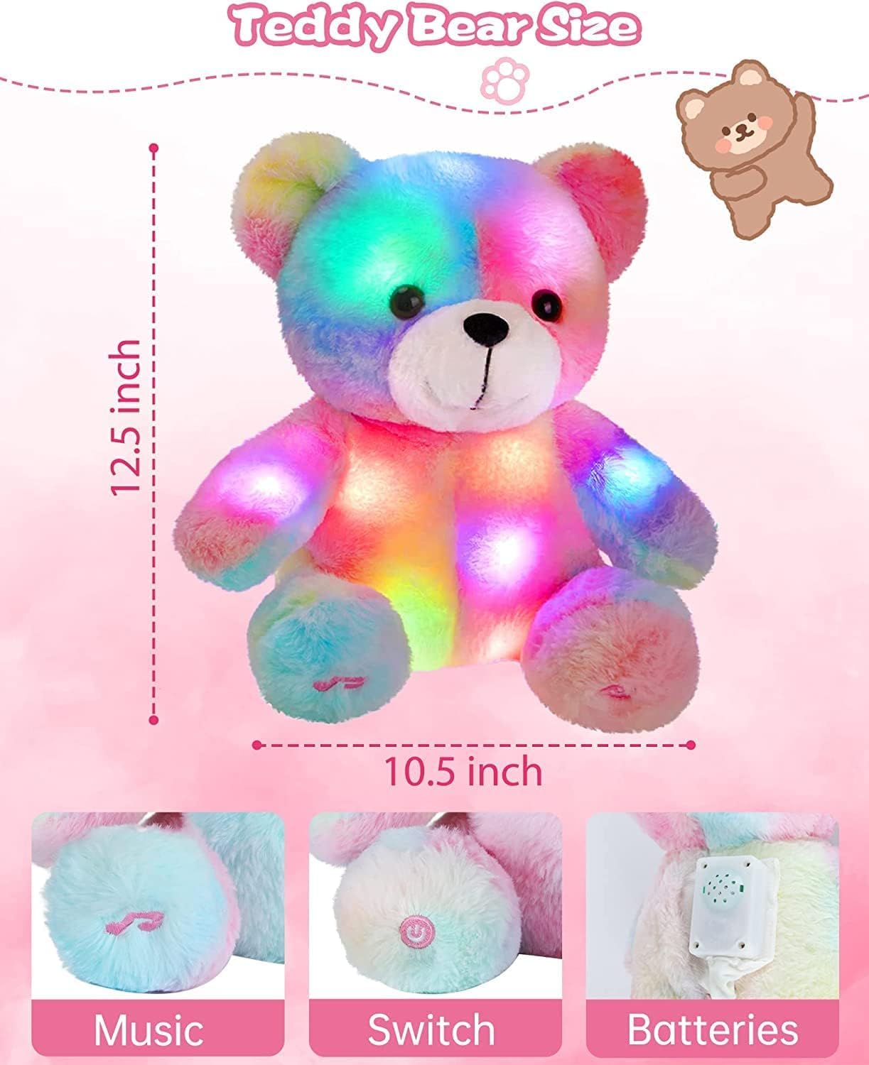 Sencu Teddy Bear Stuffed Animal,12 Inch Light Up Music Bears Soft Stuff Animals Cute Led Plush Toys Birthday Mother'S Day Valent