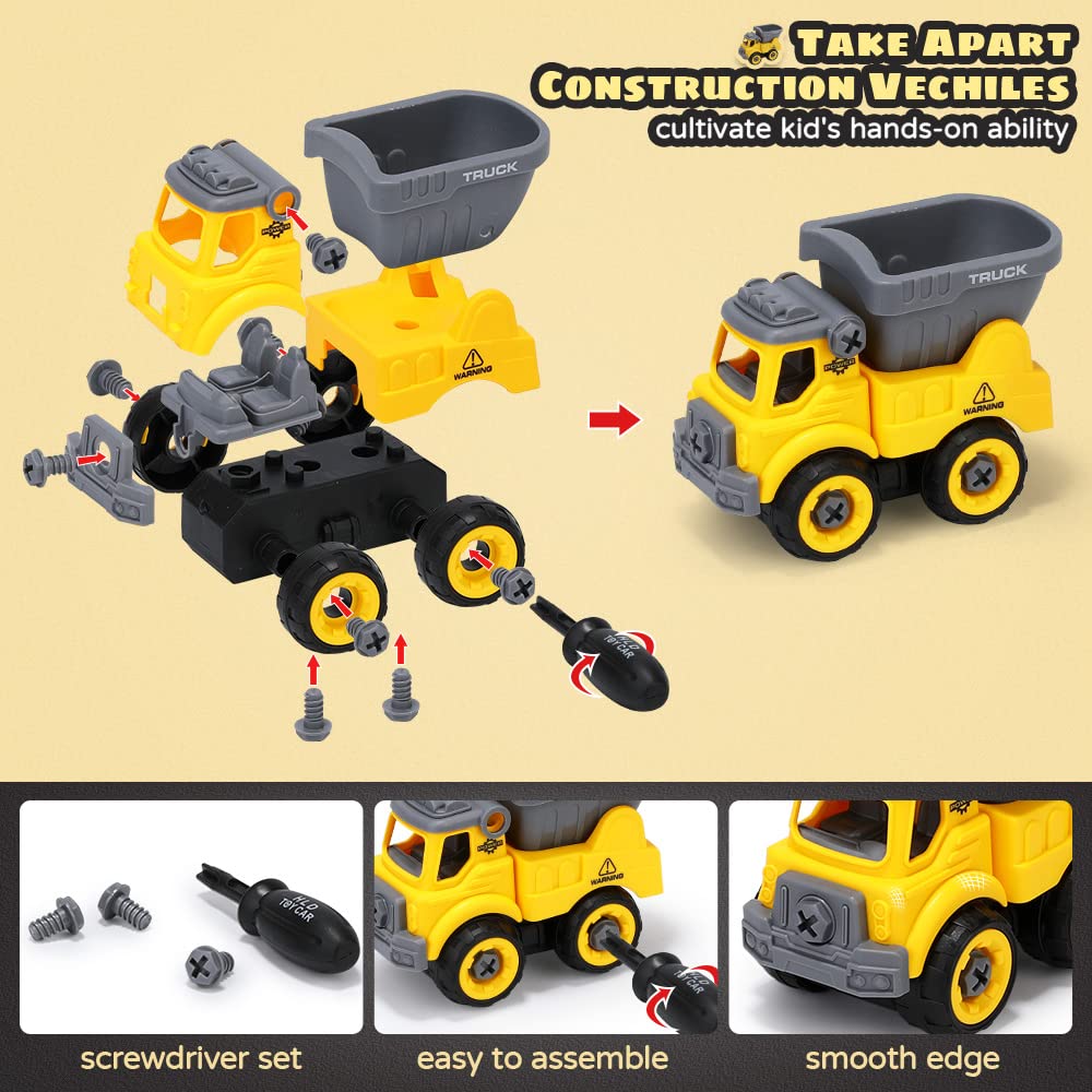 OENUX Play Sand Construction Set, Beach Building Castle Kit w/ 2.2lbs Play Sand, 4 Take Apart Construction Trucks Toys and Signs