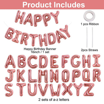Toniful 65 Pcs 16 Inch Rose Gold Happy Birthday Balloons And 2 Sets A-Z Foil Letters Balloons Diy Personalized Phrase Banner For