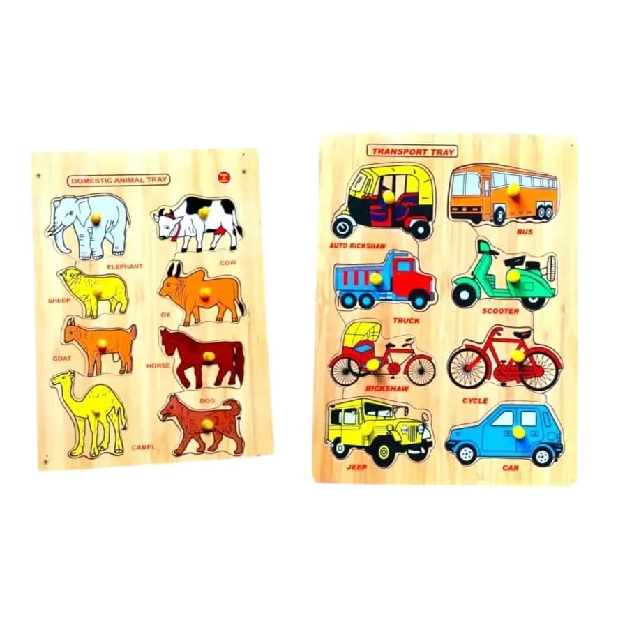 Asiya Enterprises Puzzle Combo of Wooden Domestic Animals with Transport Picture for Unisex Kids