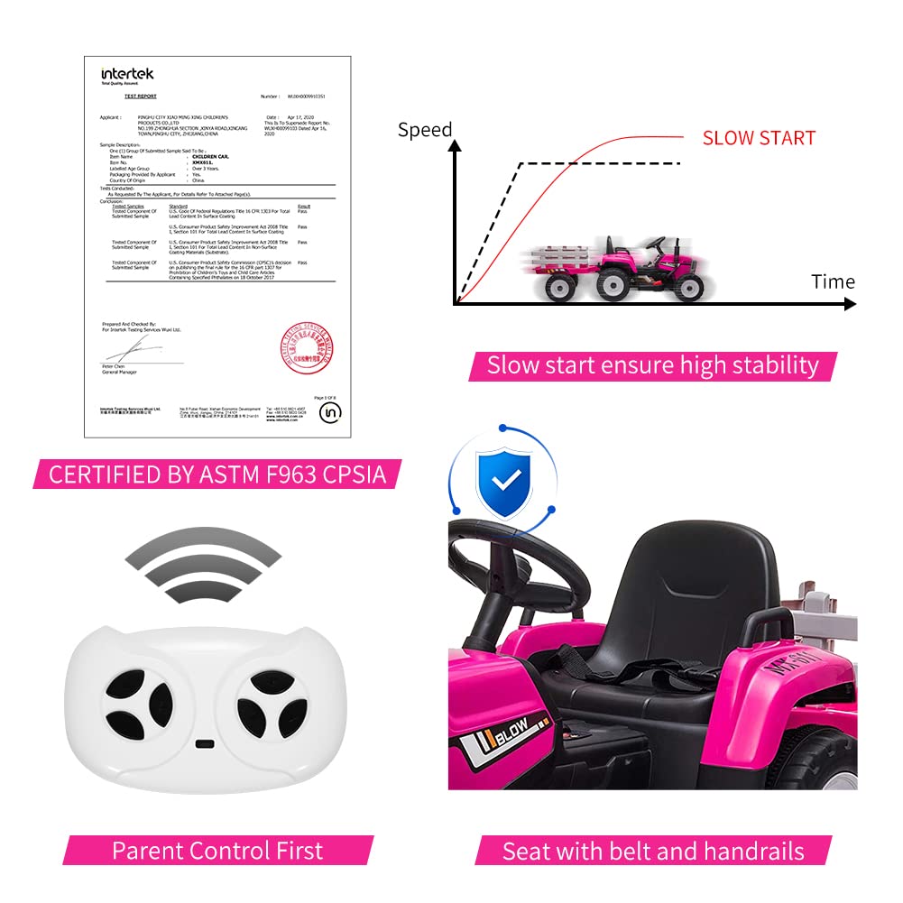 12V Kids Battery Powered Electric Tractor With Trailer, Toddler Ride On Car With Remote Control/ 7-Led Headlights/ 2+1 Gear Shift/Music Player/Usb Port For Kids 3-6 Years,Rosered,35W/ Eva Tire