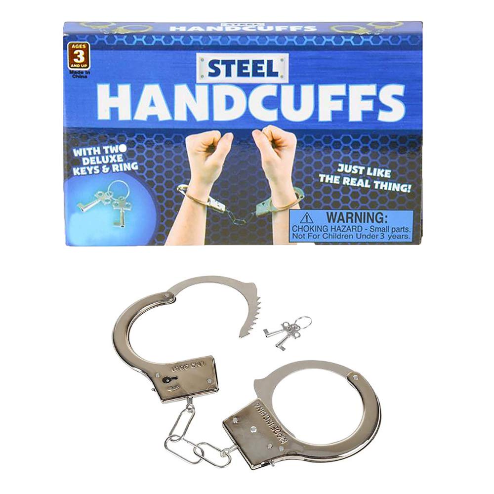 The Dreidel Company Steel Metal Play Handcuffs Pretend Police Hero Cops Halloween Dress Up, Birthday Party Gatherings, Party Favors, 10.5' Inch (3-Pack)