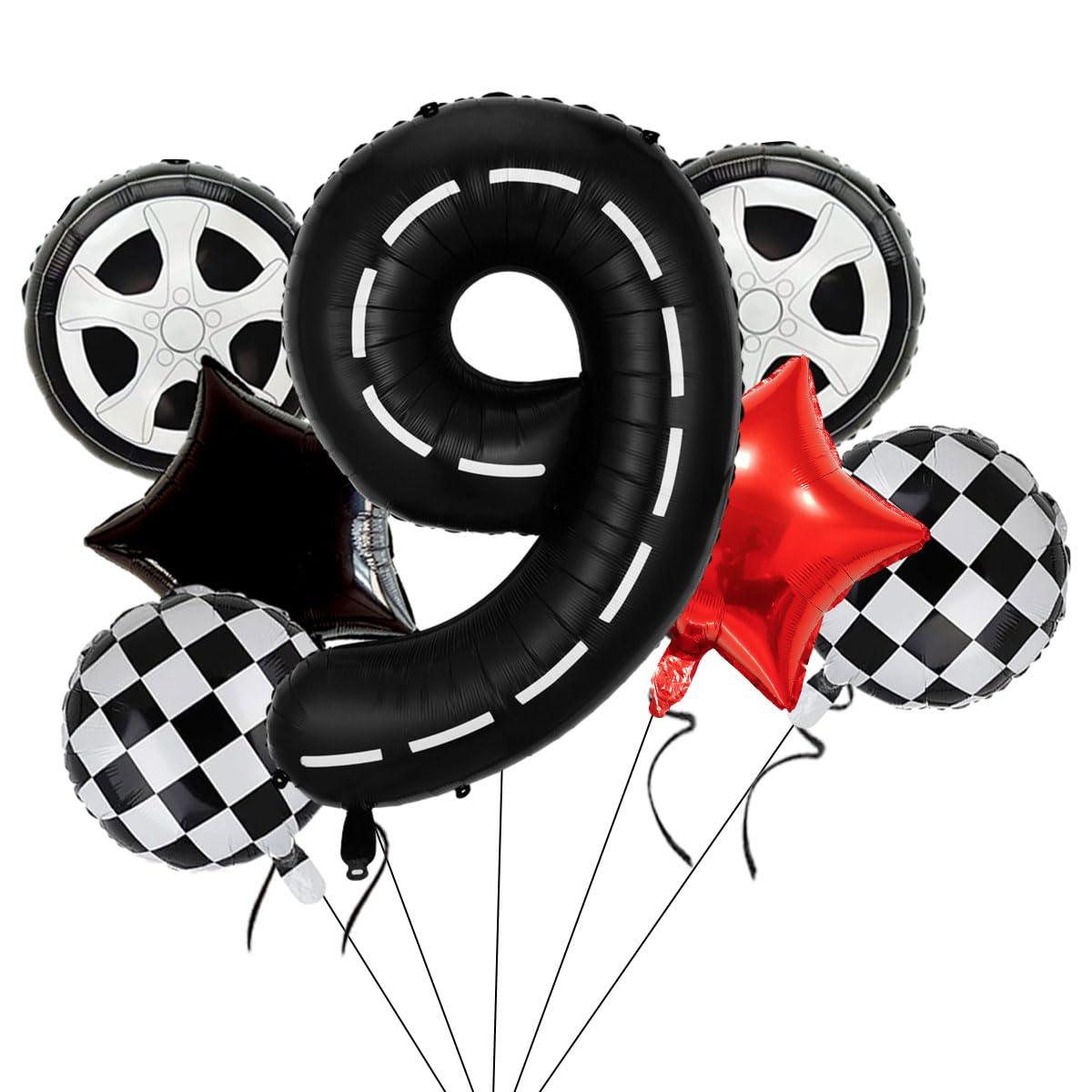Race Car Birthday Balloons Decorations, 40 Inch Racetrack Black Number 9 Balloon, Large Mylar Black 9 Balloon For 9St Birthday R