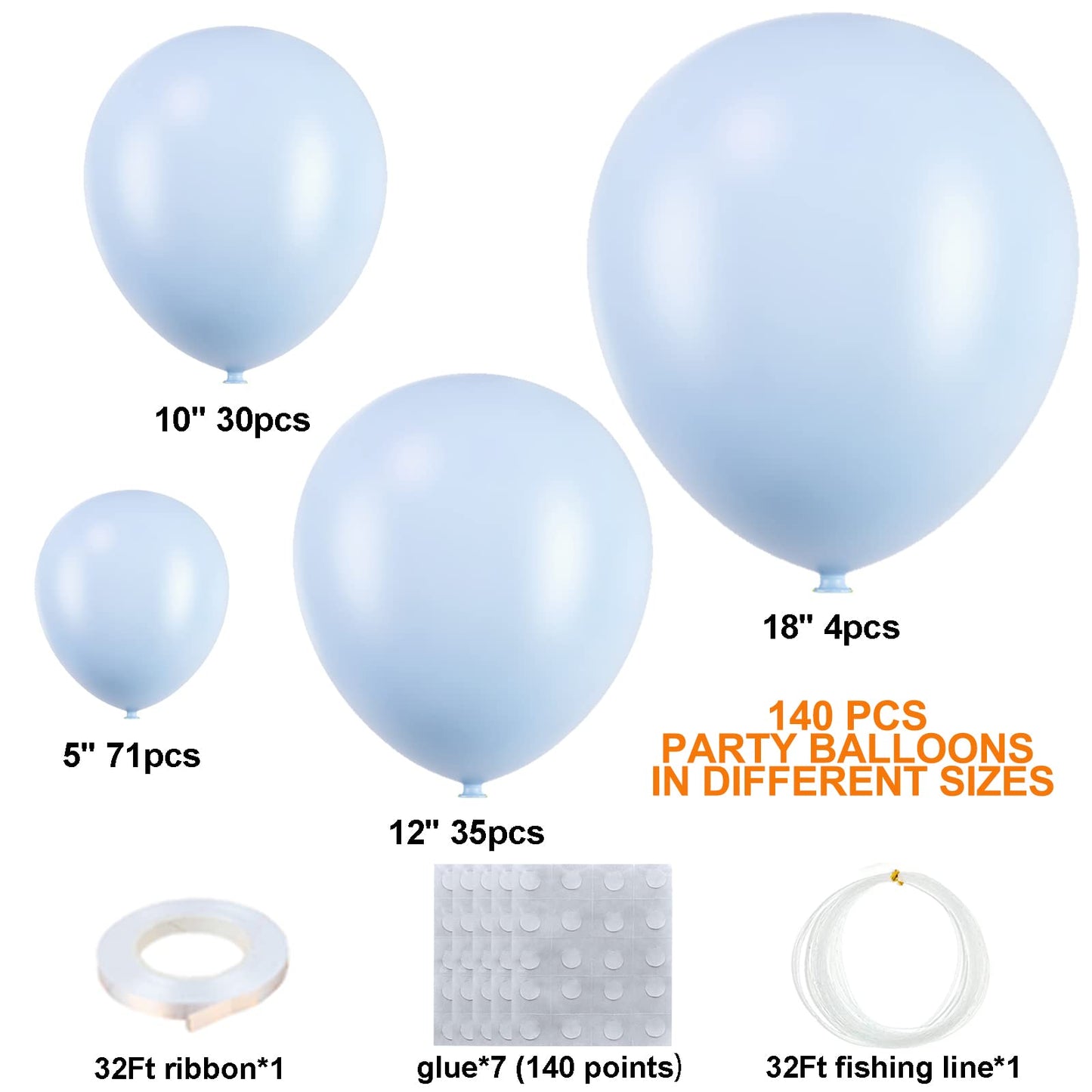 140Pcs Pastel Blue Balloons Baby Blue Balloon Garland Arch Kit 5/10/12/18 Inch Latex Light Blue Balloons Different Sizes As Gend