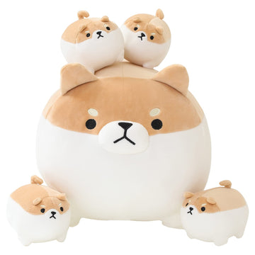 Sqeqe Stuffed Animal Shiba Inu Plush Toy With 4 Baby Shiba Inu Plushies In Her Tummy, Stuffed Cotton Plush Animal Toy Gift For Kids