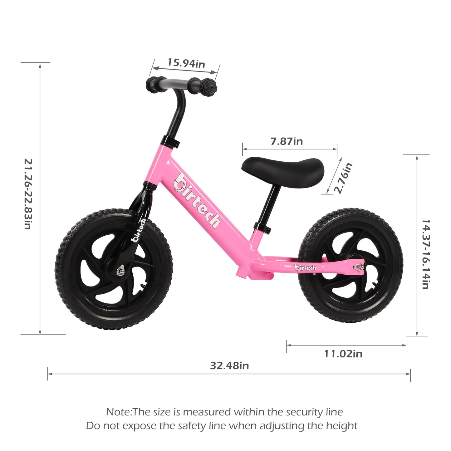 Birtech 12-Inch Toddler Balance Bike, Adjustable Seat, Pink, Model BT2003, No Pedals, Indoor/Outdoor Toy for Kids 2-6 Years Old