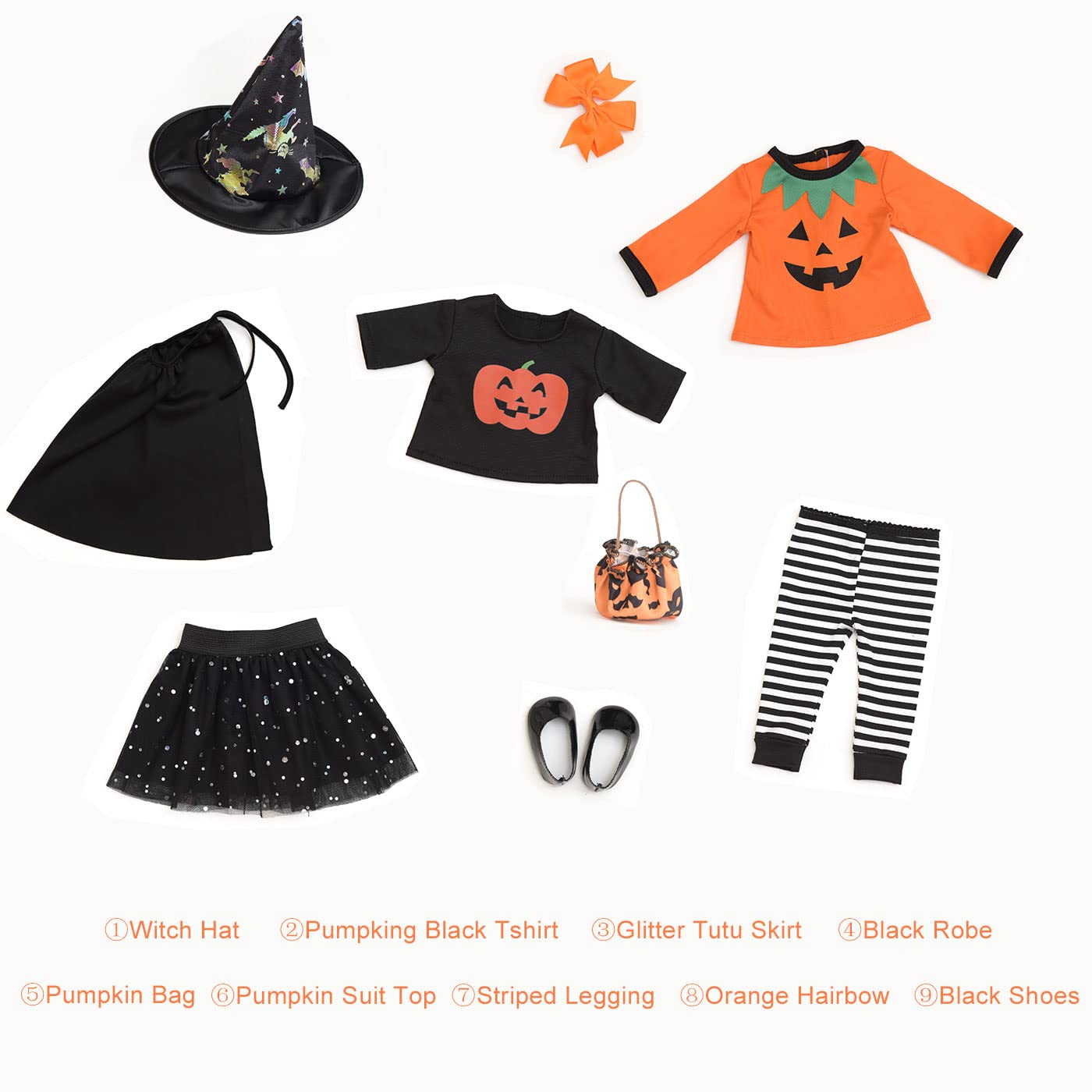 Sweet Dolly 18 Inch Doll Clothes Accessories Halloween Pumpkin Witch Costume Pumpkin Suit Set For 18 Inches Dolls