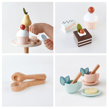 PairPear Tea Party Set Dessert Stand Playset -Wooden Toys Pretend Play Food Kitchen Accessories for Toddler Tea Set Birthday Gif