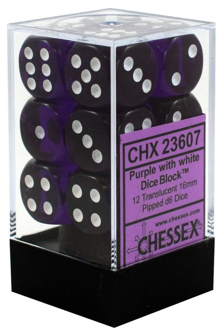 Chessex Manufacturing 23607 16 Mm Purple With White Translucent D6 Dice Set Of 12