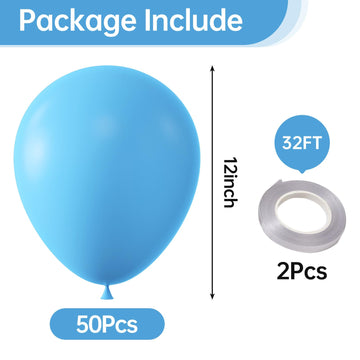 Kalor 12 Inch Light Blue Balloons, 50 Pcs Latex Helium Balloons For Kid'S Birthday Party, Baby Shower, Wedding, Graduate Party Decorations