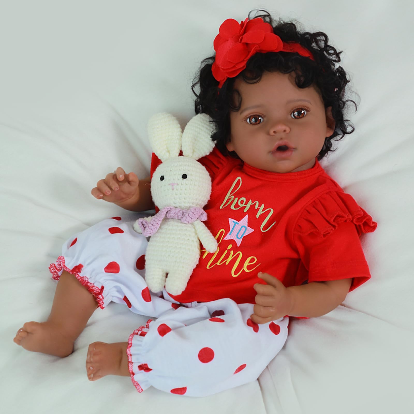 Scom Reborn Baby Dolls Black Girl - 20 Inch African American Baby Doll, Lifelike Soft Body Realistic With Open Eyes Red Suit New