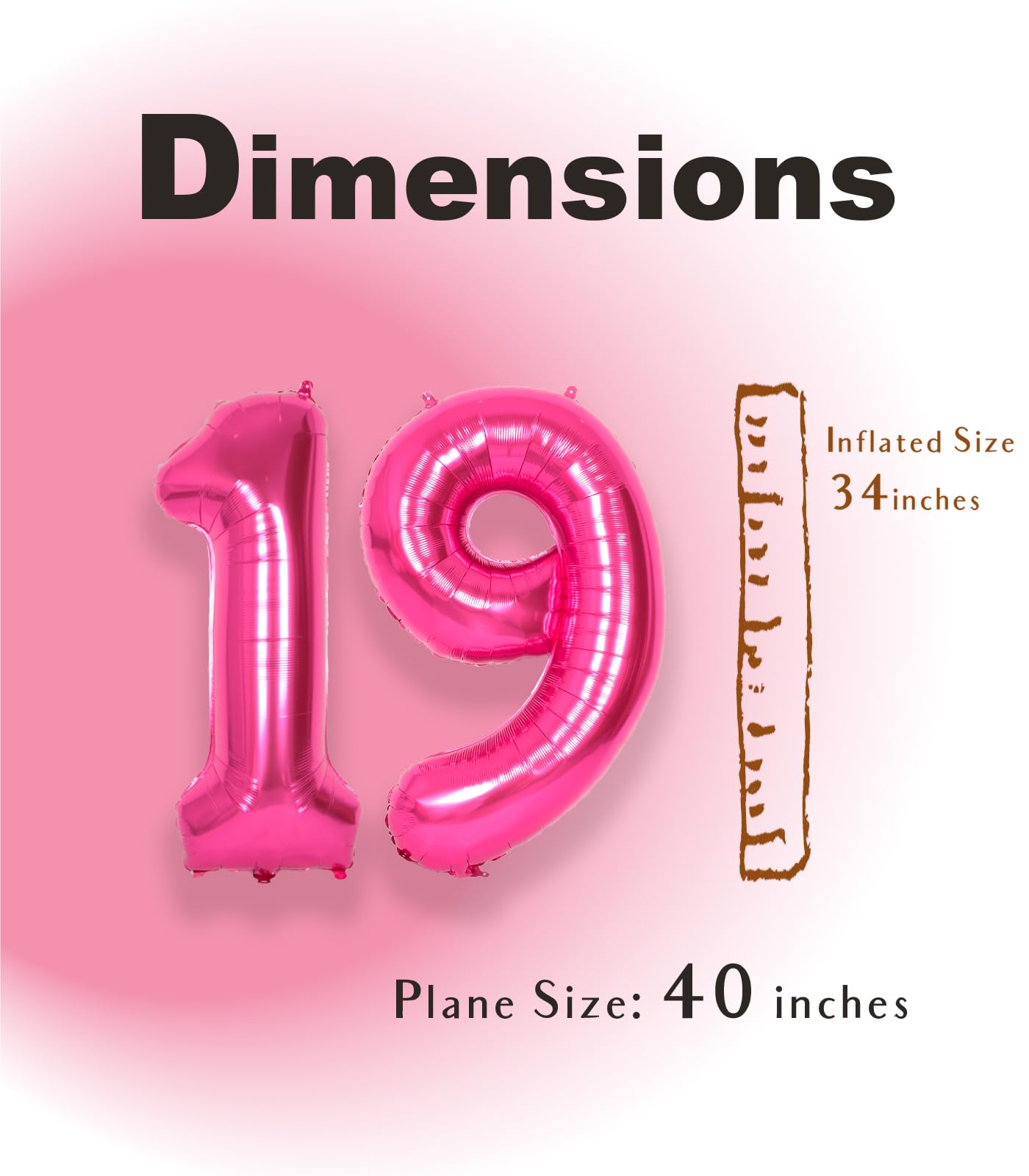 Suwen 40 Inch Hot Pink Large 19 Number Balloons Big Foil Helium Number Balloons 0-9 Jumbo Happy 19Th Mylar Birthday Party Decora