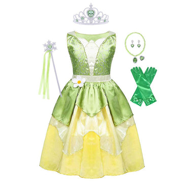 Wonderbabe Princess Tiana Dress Little Girls Birthday Party Fancy Dresses Halloween Role Play Green Fairy Frog Costume Outfits Clothes With Accessories Size 5T 6T
