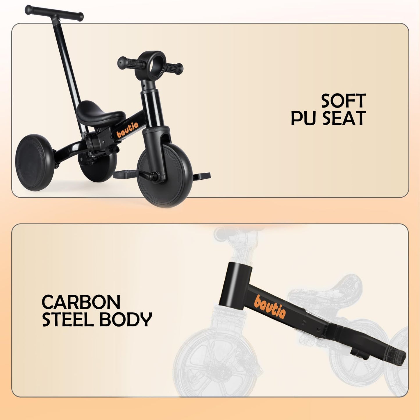 Bautia Tricycle for Toddlers 1-3 with Push Handle, 5 in 1 Baby Balance Bike for 1-4 Years Old Kids Toy, Boys Girls Bicycle Gift