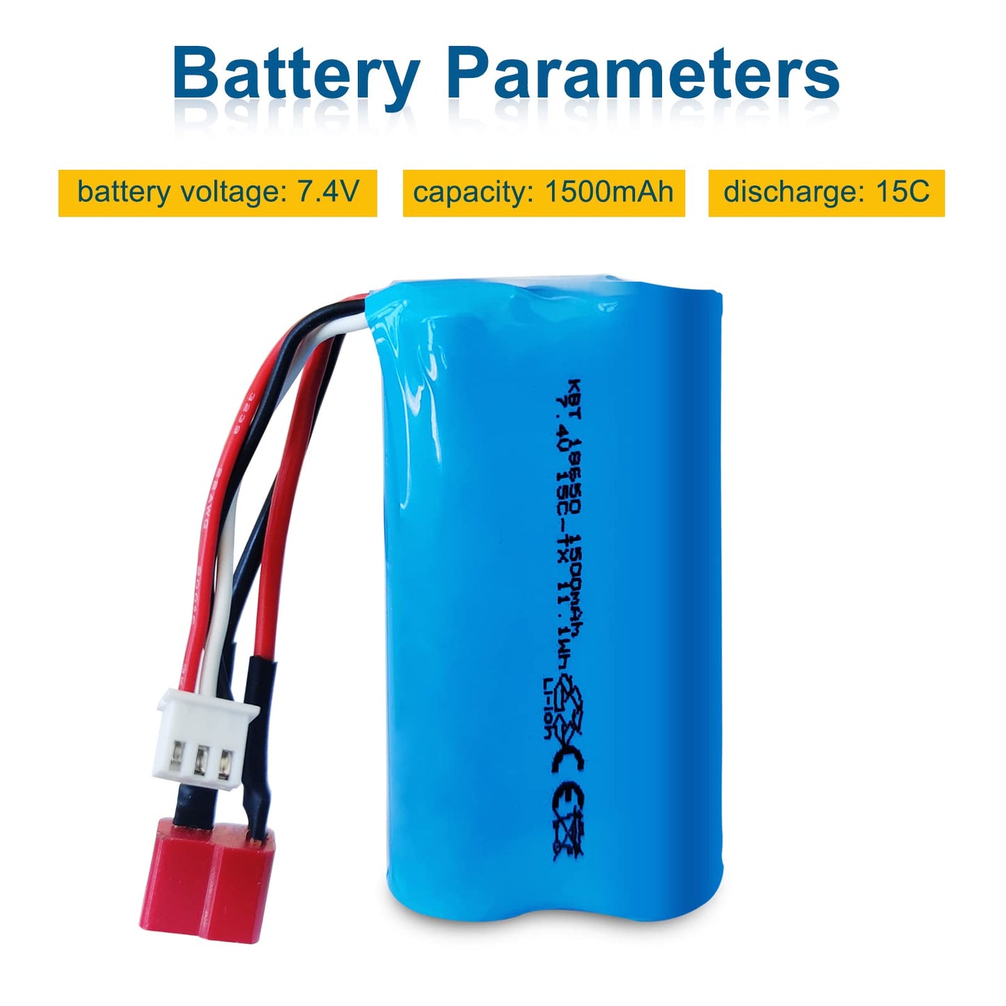 KBT RC Car Lithium Battery: 7.4V 1500mAh Rechargeable Li-ion Battery, 15C High Drain Discharge Batteries with TX Plug & Charging