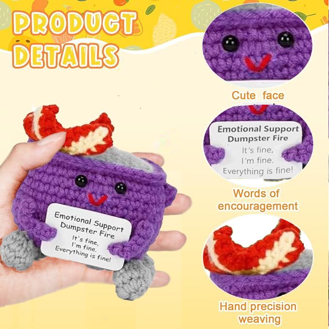 Emotional Support Dumpster Fire, Cute Funny Mini Handmade Doll With Encouragement Card, Handmade Crochet Dumpster Fire Doll Deco