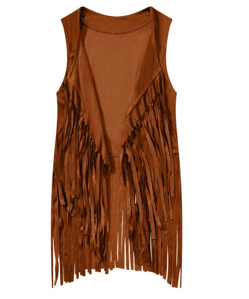 IWALUE 60s 70s Outfits Hippie Costume Set Kid Girls Fringe Tassel Vest with Earring Headband Glasses(Brown,12-14 Years)