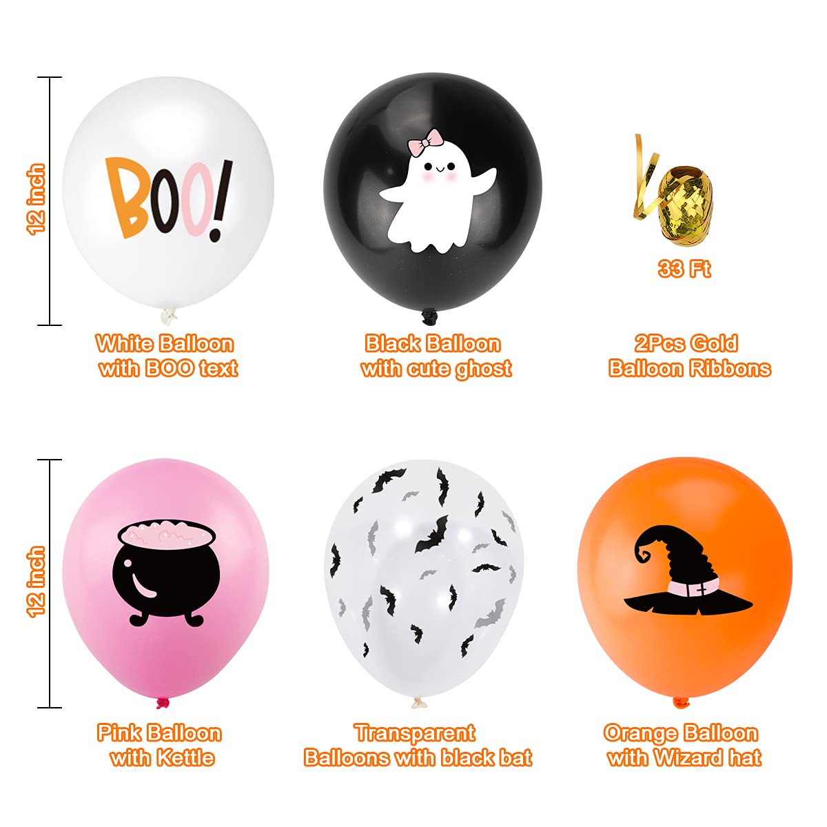 50Pcs Halloween Balloons Decor Girls Halloween Pink Orange Black White Latex Balloon With Ghost Witch Cauldron Bat Printed For H
