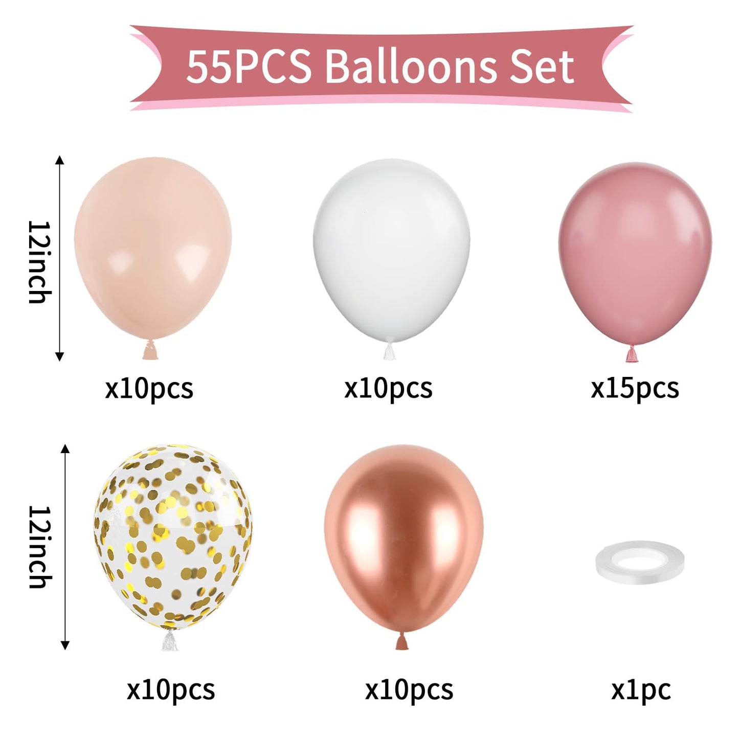Dusty Pink Balloons, 55Pcs Blush Pink Party Balloons 12 Inch Metallic Rose Gold White Latex Balloons Retro Pink Rose Gold Balloo