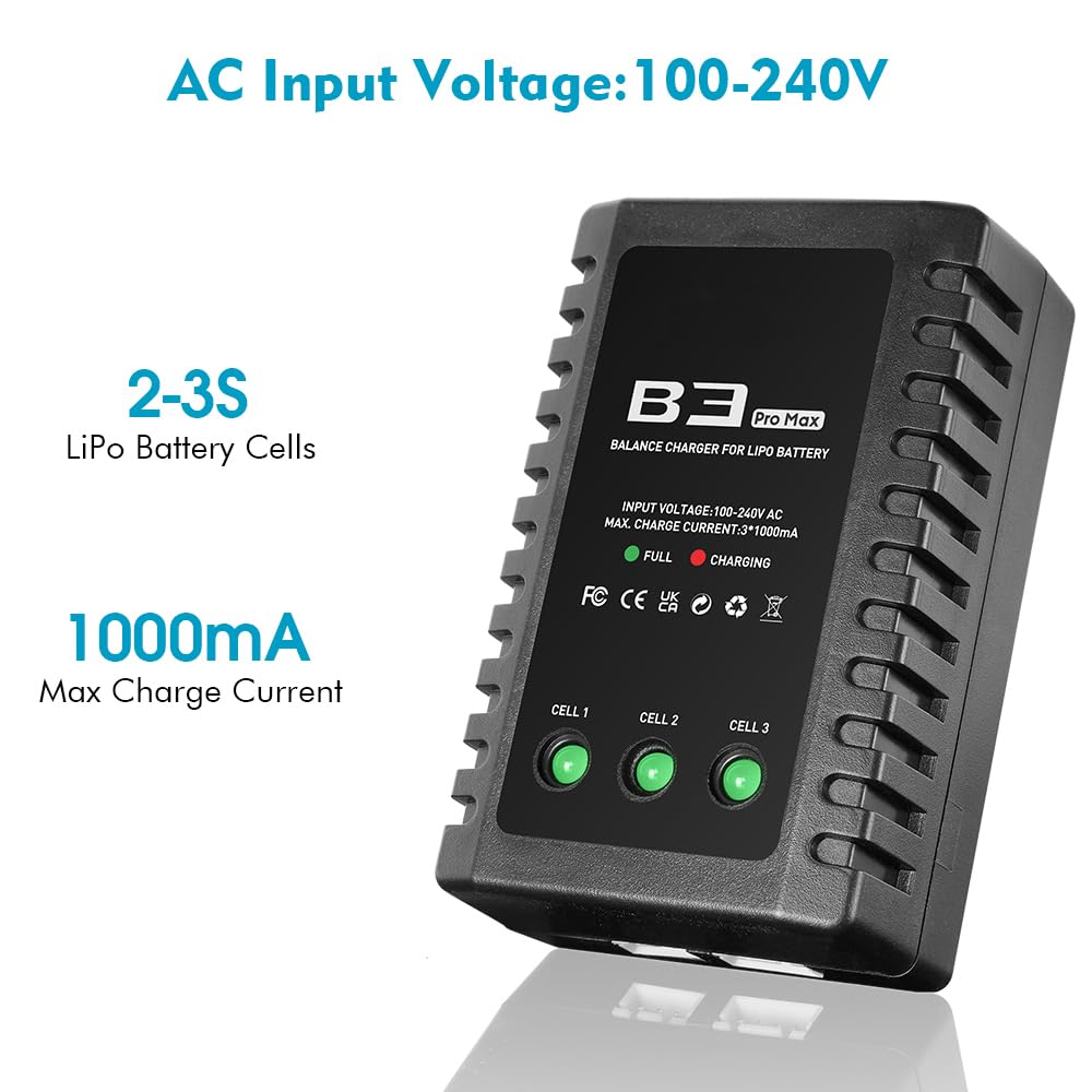 LiPo Battery Charger 2S-3S RC Balance Charger Compact Charger for 7.4-11.1V LiPo Batteries (Black)