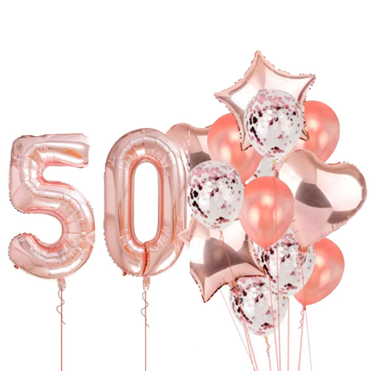 Pop The Party Rose Gold Balloon For 50th Birthday Large Pack of 17 | Rose Gold Confetti Star and Heart Foil Balloon Bouquet For